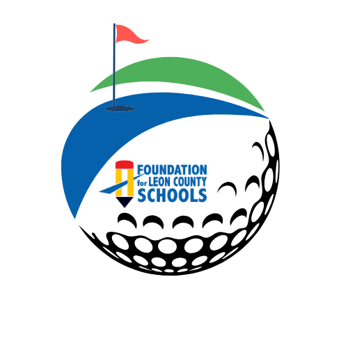 Tee It Up Fore Teachers Golf Scramble Logo 2025 - golf ball shape with a blue and green shape within the ball. There is a golf flag with a hole on the blue shape. The FLCS logo is shown in the middle.